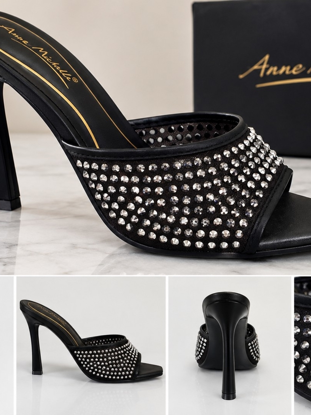 Anne Michelle Black Crystal-Stud Slide Heel